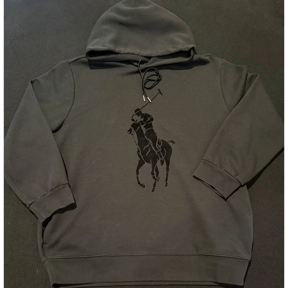 Polo Ralph Lauren Double Knit Big Pony Black On Black Hooded Sweatshirt Mens XL‎